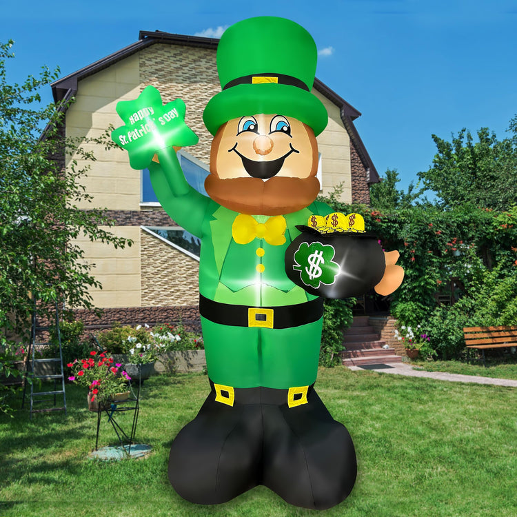 5.6 Foot St Patricks Day Inflatable Leprechaun Holding Shamrock and Pot of Gold Blow Up LED Lighted for Indoor Outdoor Holiday Art Decor