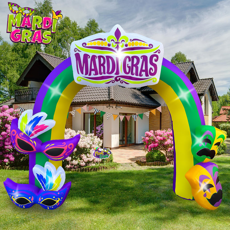 9 FT Mardi Gras Inflatable Arch with Mask Decoration Blow Up Mardi Gras Archway Lighted for Carnival Party Yard Decor