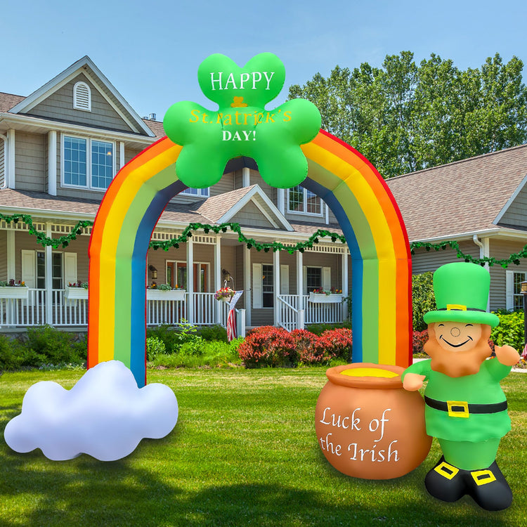 8 FT St Patricks Day Inflatable Rainbow Archway with Pot Decoration Blow Up Leprechaun LED Lighted for Indoor Outdoor Holiday Art Decor