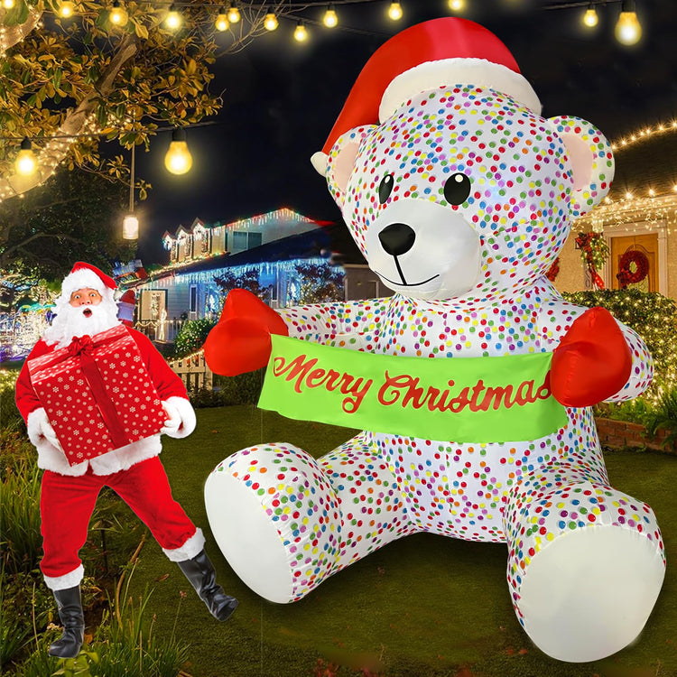 7 Ft Christmas Inflatable Teddy Bear with Merry Christmas Banner Build-in LEDs Blow Up Clearance for Holiday Yard Garden Decorations