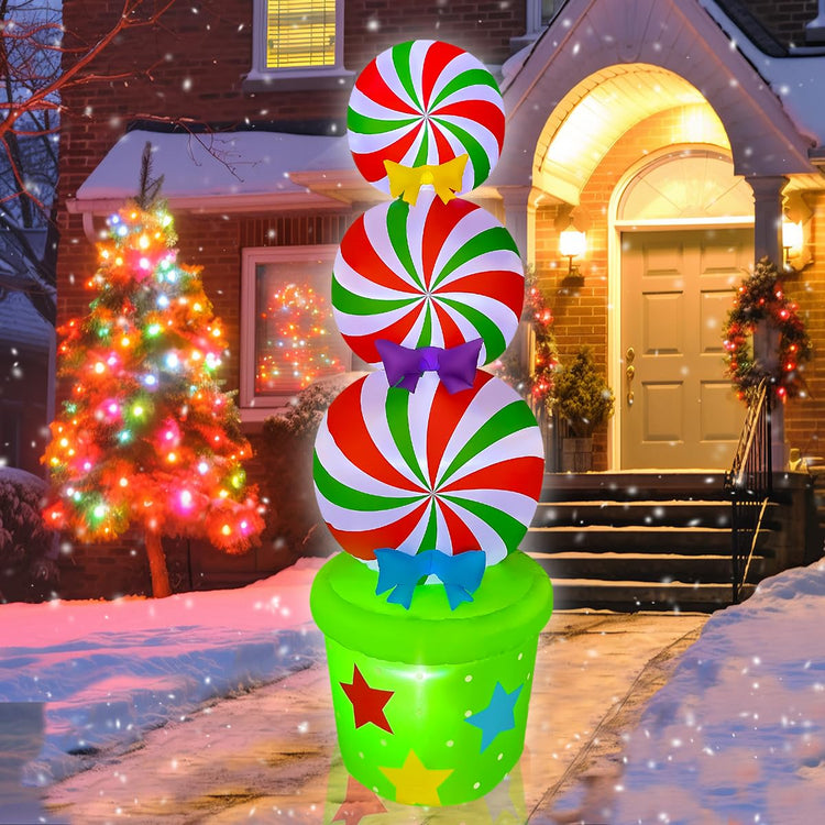 6FT Christmas Inflatables Candy Yard Sign LED Lighted Blow Up Xmas Yard Stakes Outdoor Decorations for Garden Home Lawn Pathway Candyland Themed Party