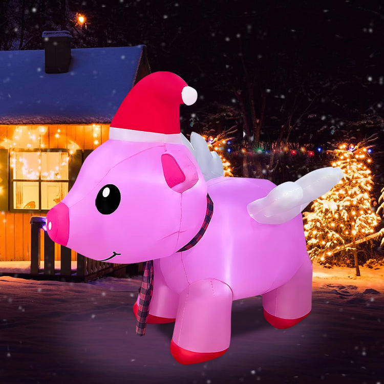 4ft Inflatable Christmas Flying Pink Piggy Decoration, LED Lighted Blow Up Decor Indoor Outdoor Holiday Art Decor Decorations