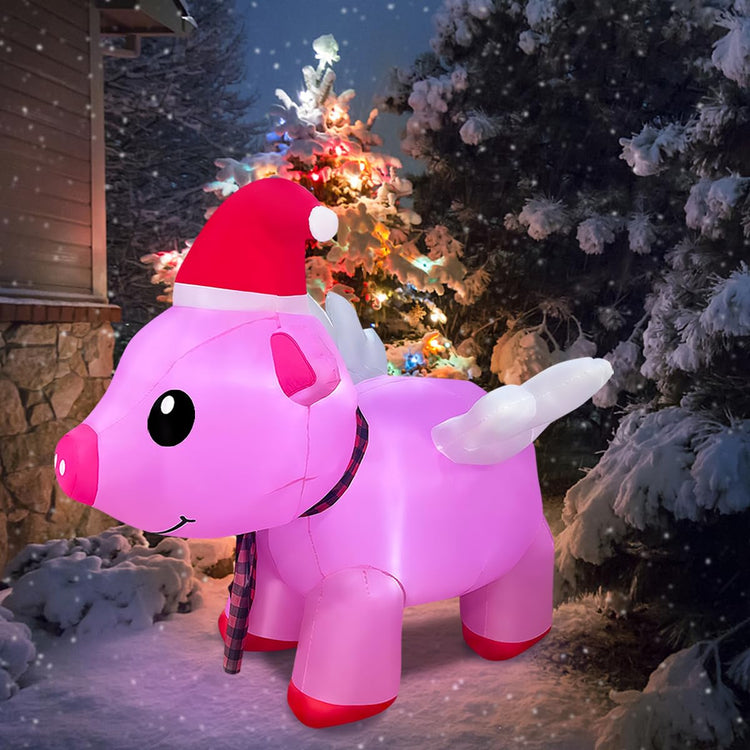 4ft Inflatable Christmas Flying Pink Piggy Decoration, LED Lighted Blow Up Decor Indoor Outdoor Holiday Art Decor Decorations