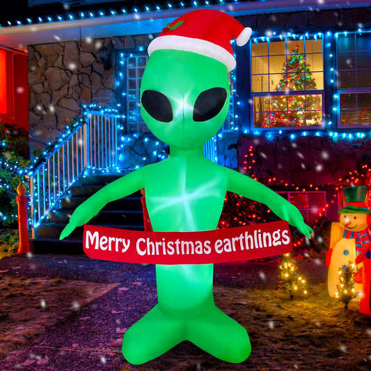6 FT Christmas Inflatable Alien with Merry Christmas Earthlings Banner Decorations LED Lighted Xmas Blow Up for Party Indoor Outdoor Garden Yard Decor