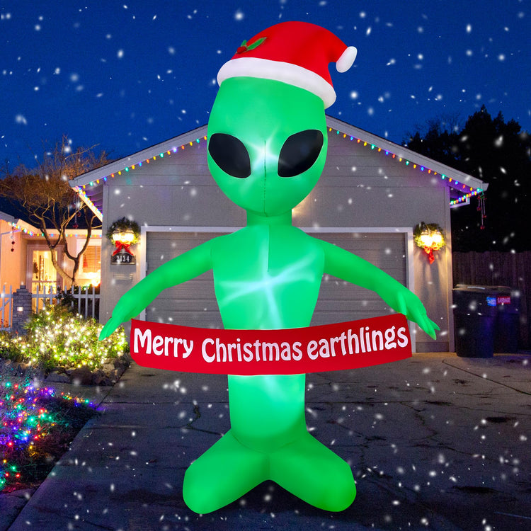 6 FT Christmas Inflatable Alien with Merry Christmas Earthlings Banner Decorations LED Lighted Xmas Blow Up for Party Indoor Outdoor Garden Yard Decor