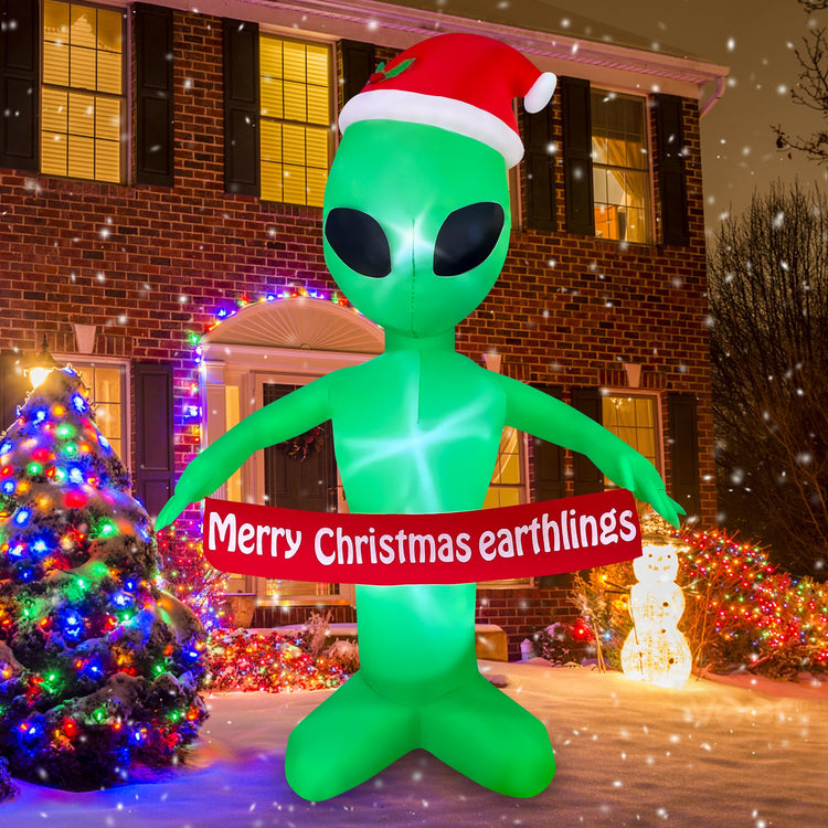 6 FT Christmas Inflatable Alien with Merry Christmas Earthlings Banner Decorations LED Lighted Xmas Blow Up for Party Indoor Outdoor Garden Yard Decor