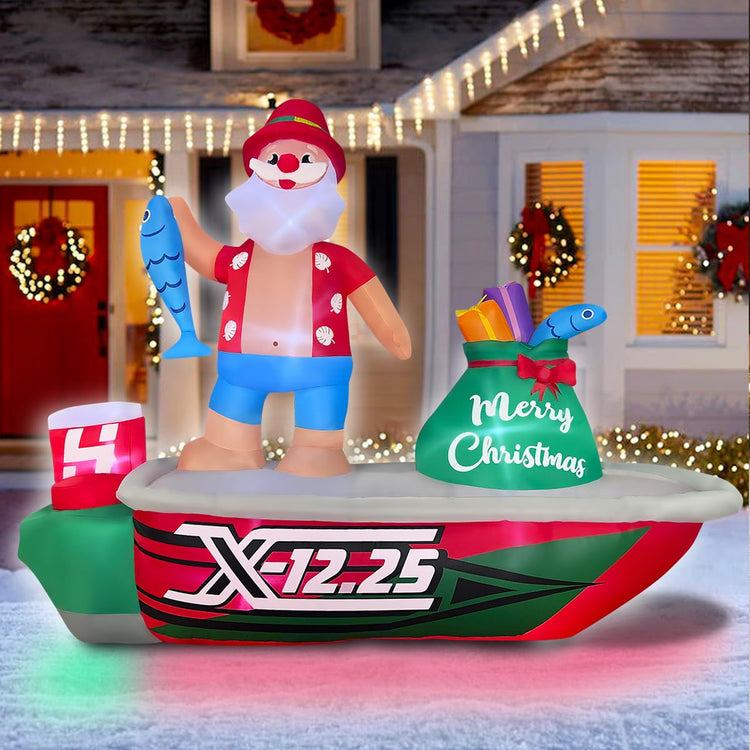 8ft Inflatable Christmas Santa Claus on a Fishing Boat Lighted Blow Up Decortion, LED Blow Up Lighted Decor Indoor Outdoor Holiday Decor