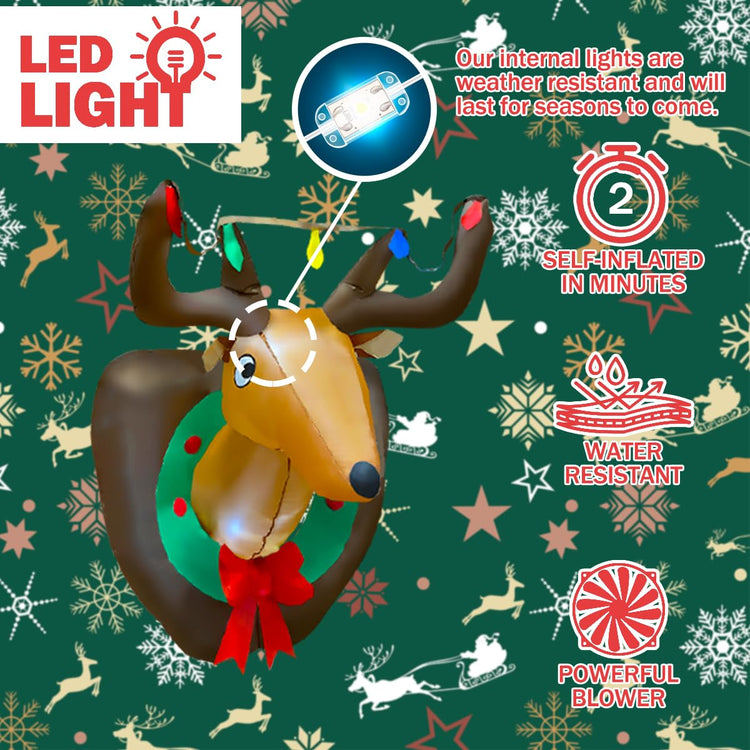 3ft Inflatable Christmas Rudolph Wreath, Lighted Blow Up Reindeer with ...