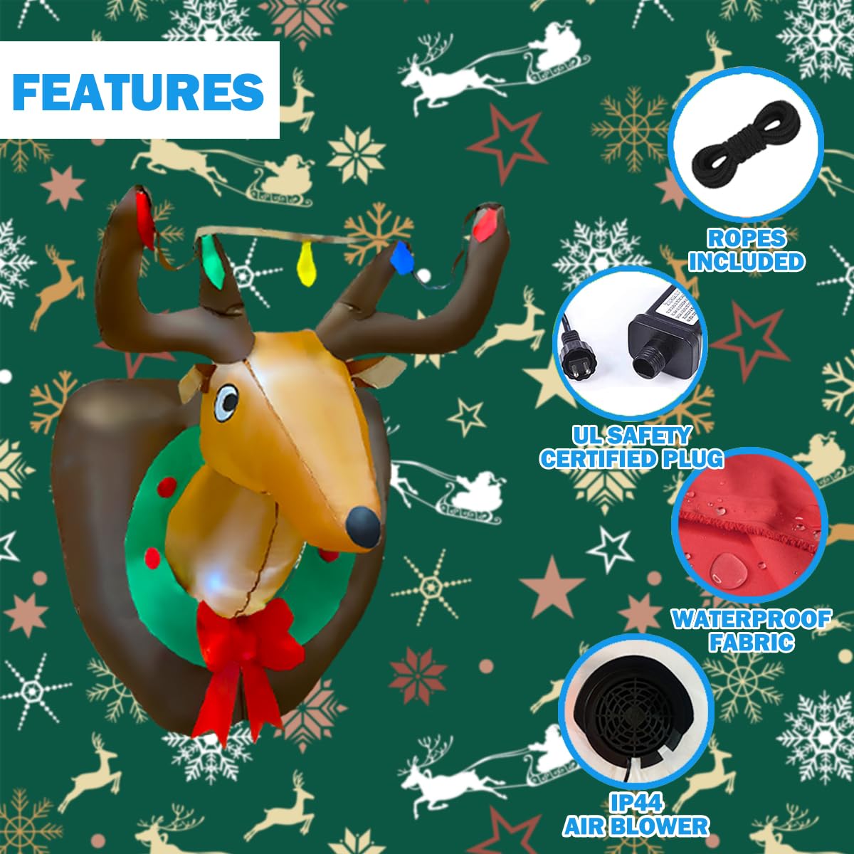 3ft Inflatable Christmas Rudolph Wreath, Lighted Blow Up Reindeer with ...