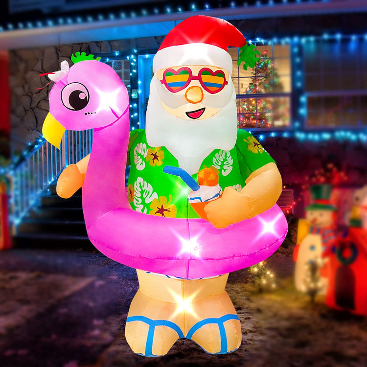 6ft Chistmas Inflatables Hawaiian Laua Santa with Flamingo Pool Float Decoration, LED Blow Up Lighted Decor Indoor Outdoor Holiday Art Decor Decorations Clearance