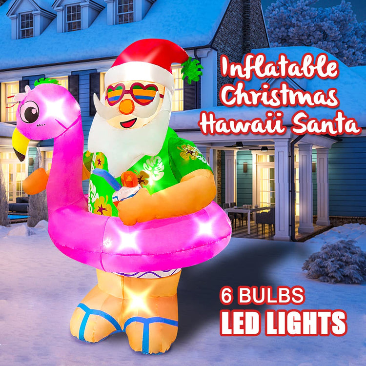 6ft Chistmas Inflatables Hawaiian Laua Santa with Flamingo Pool Float Decoration, LED Blow Up Lighted Decor Indoor Outdoor Holiday Art Decor Decorations Clearance