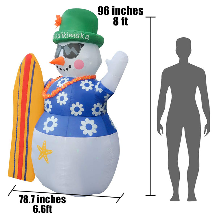 8ft Christmas Decoration Inflatable Summer Hawaii Snowman with Surfboard LED Blow Up Lighted Decor Indoor Outdoor Holiday Art Decor Decorations