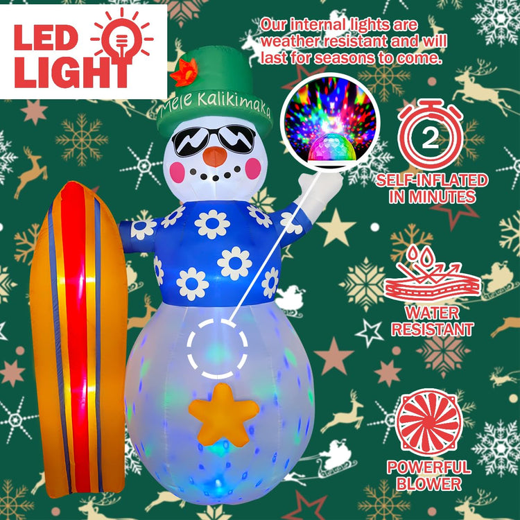 8ft Christmas Decoration Inflatable Summer Hawaii Snowman with Surfboard LED Blow Up Lighted Decor Indoor Outdoor Holiday Art Decor Decorations