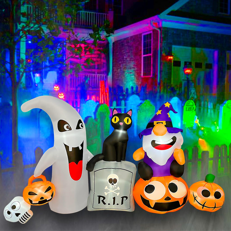 8 FT Halloween Inflatable Ghost with Tombstone Cat and Gnome Pumpkin LED Lighted Blow Up Decoration