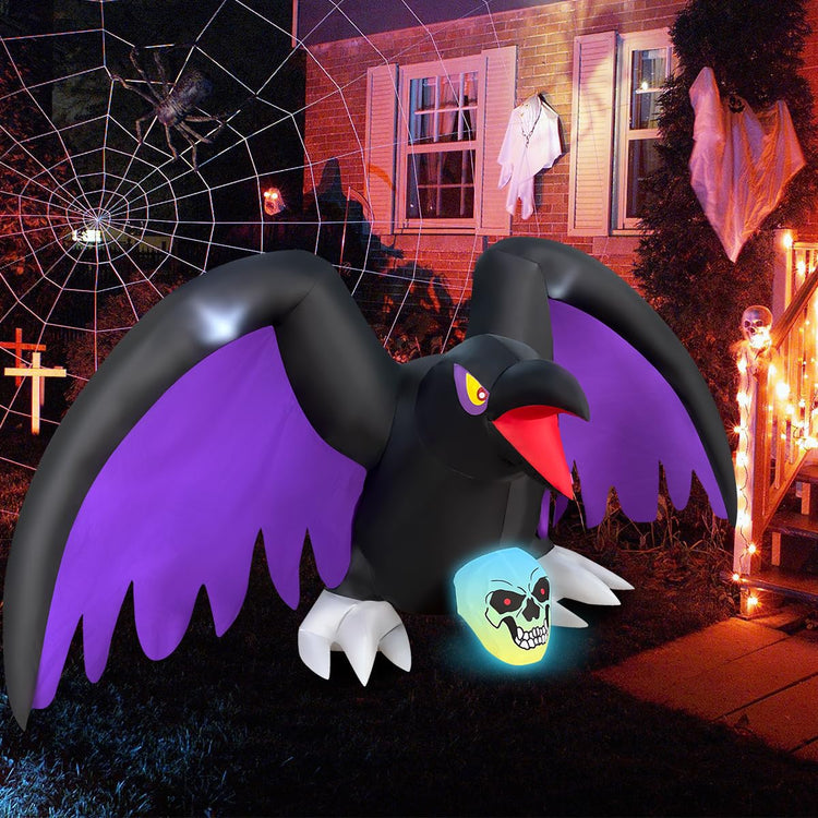 6 Ft Length Halloween Inflatable Crow with RGB Lighted Skeleton, LED Blow Up Lighted Decor