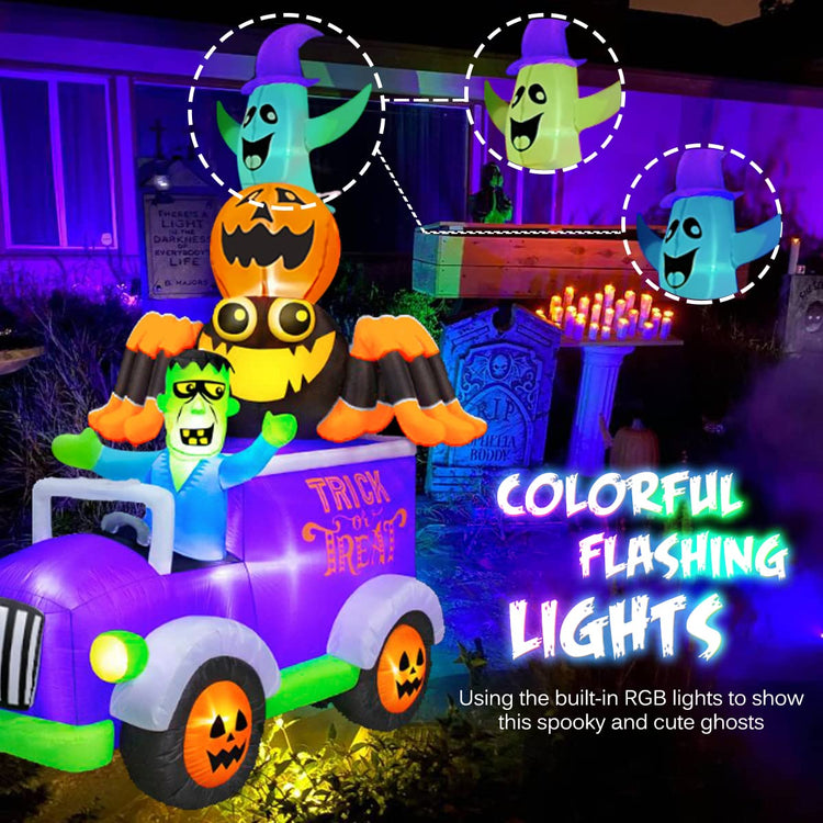 8ft Halloween Inflatable Horror Frankenstein Driving A Car with Spider, Pumpkin and Ghost, LED Blow Up Lighted Decor