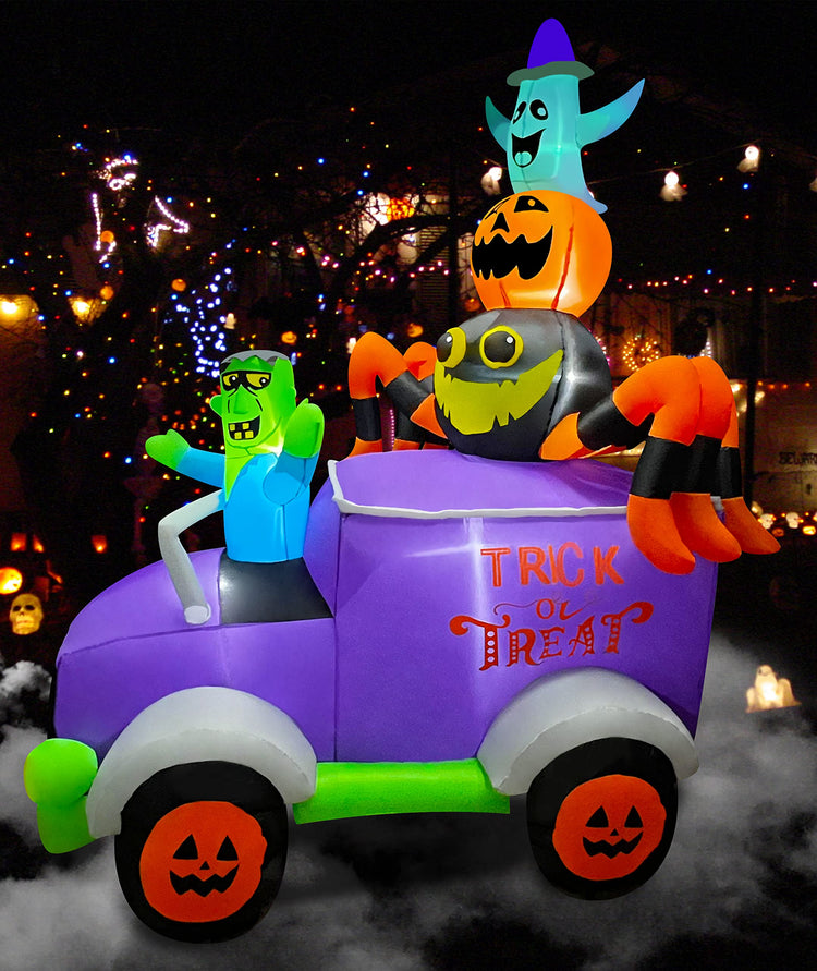 8ft Halloween Inflatable Horror Frankenstein Driving A Car with Spider, Pumpkin and Ghost, LED Blow Up Lighted Decor