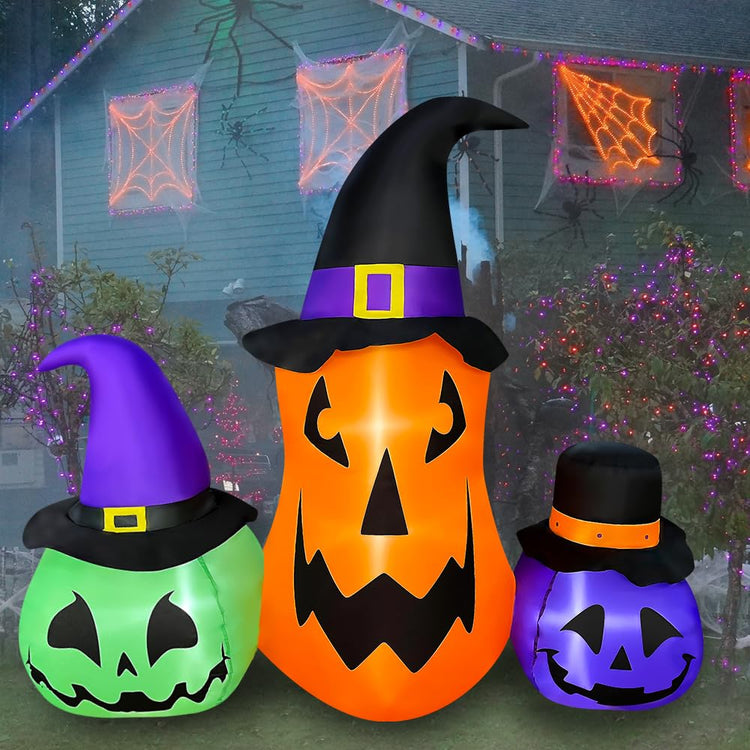 6 FT Halloween Inflatable Pumpkin Combo with Wizard Hat LED Lighted Blow Up Decoration
