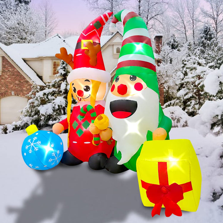 6ft Christmas Inflatable Twin Gnomes with Gift and Snow Ball Decoration