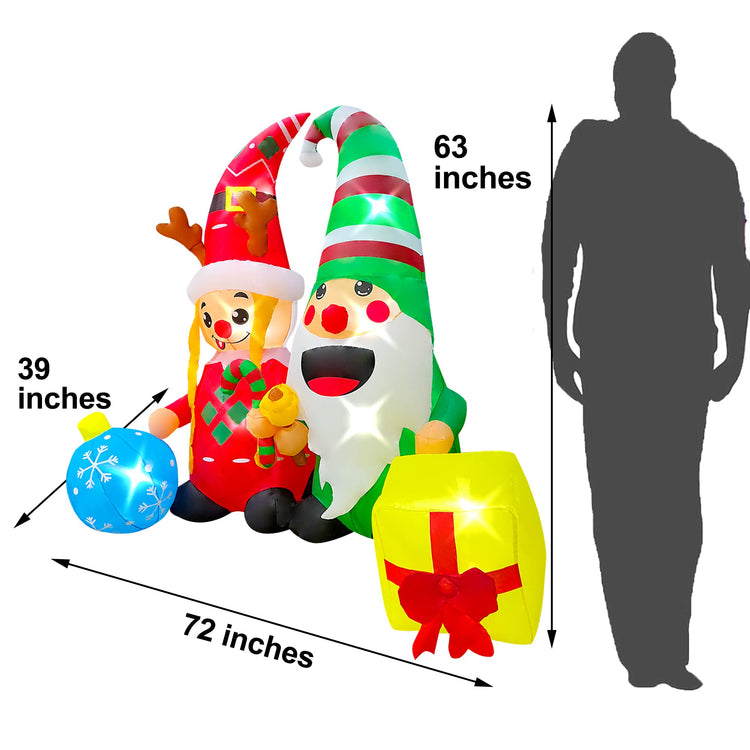 6ft Christmas Inflatable Twin Gnomes with Gift and Snow Ball Decoration