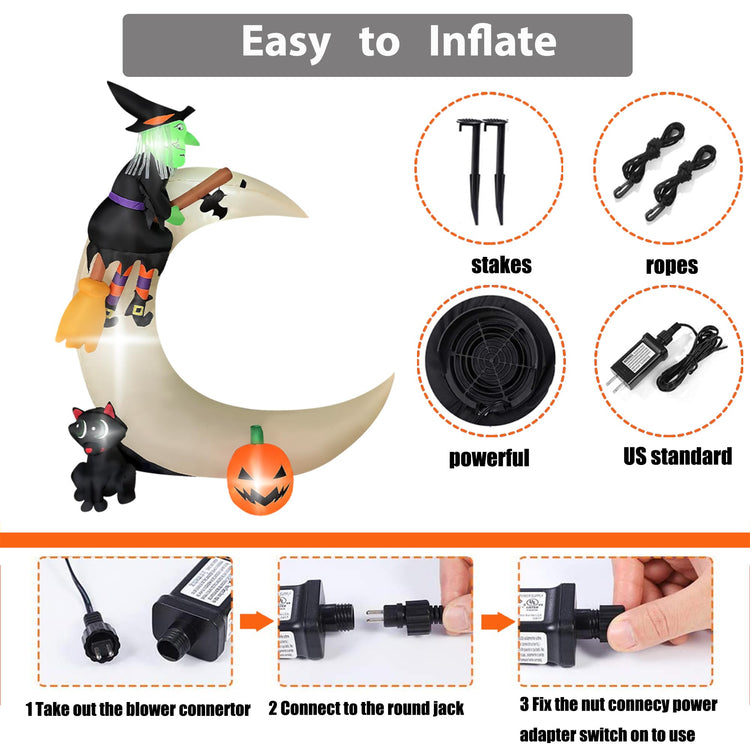 5ft Halloween Inflatable Witch Decoration,Witch Riding Broom on The Moon with Cat and Pumpkin Decor,