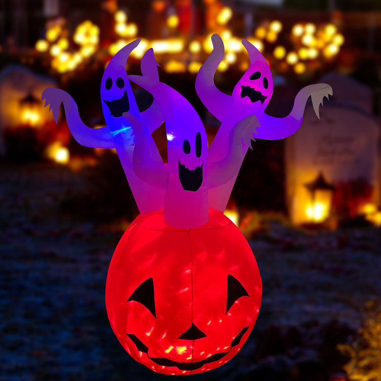 6Ft Seasonblow Halloween Inflatable White Ghost on Pumpkin