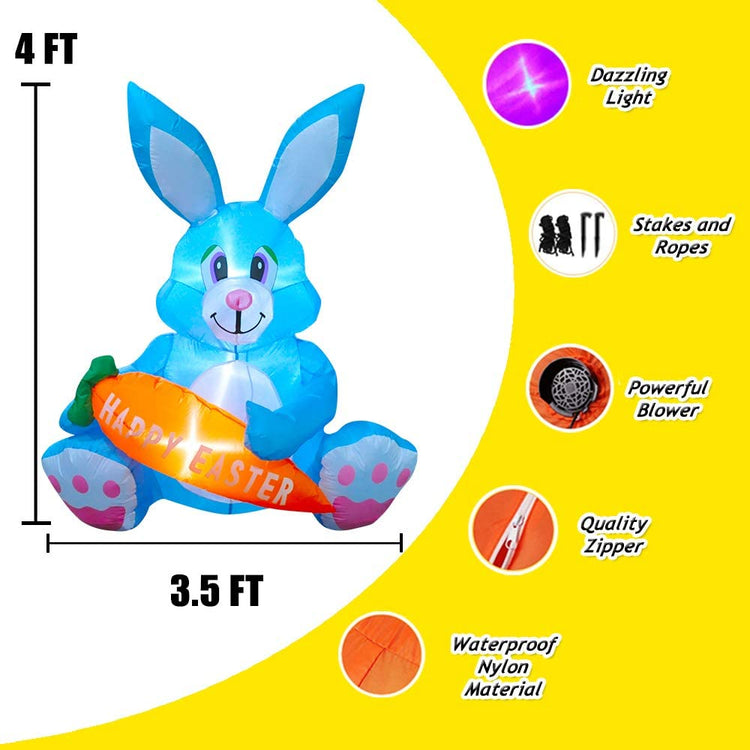 4 FT LED Light Up Inflatable Easter Cute Bunny Rabbit with Carrot Decoration