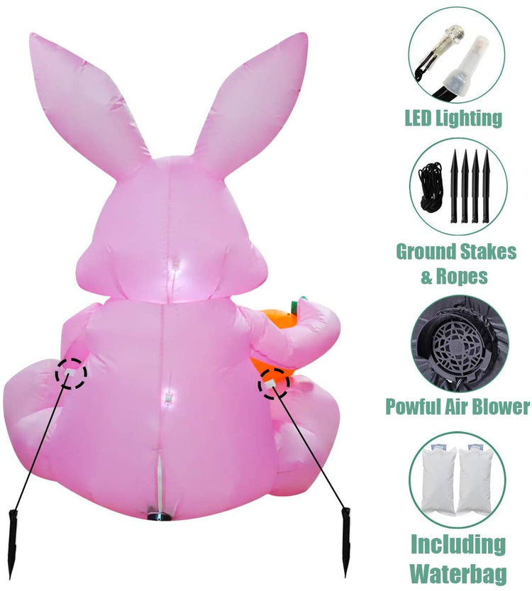 4ft Inflatable Easter Decoration Cute Pink Bunny Holding Carrot Happy Easter LED Blow Up Lighted Decor