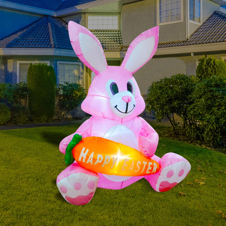 4ft Inflatable Easter Decoration Cute Pink Bunny Holding Carrot Happy Easter LED Blow Up Lighted Decor