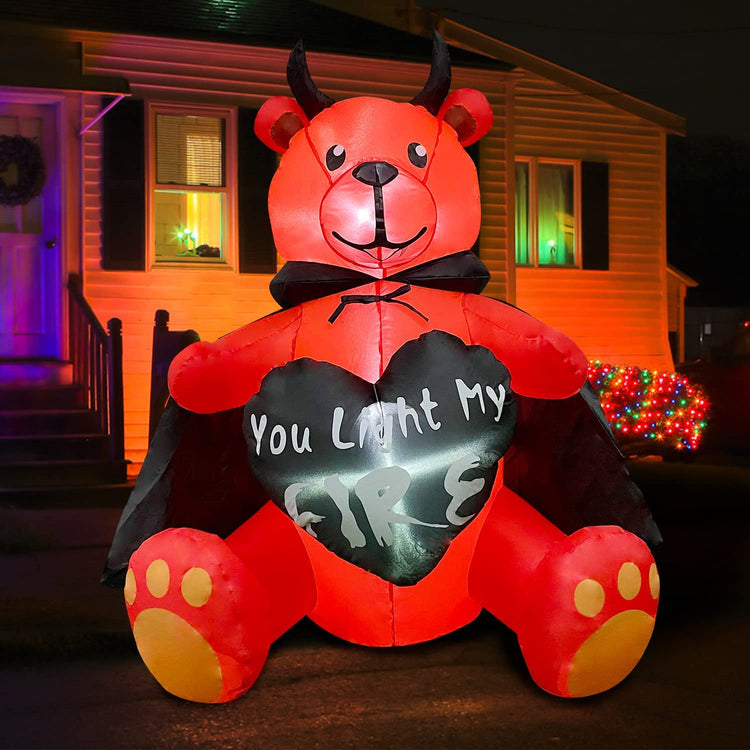 4ft Inflatable Valentine Devil Bear Decoration, LED Blow Up Lighted Decor