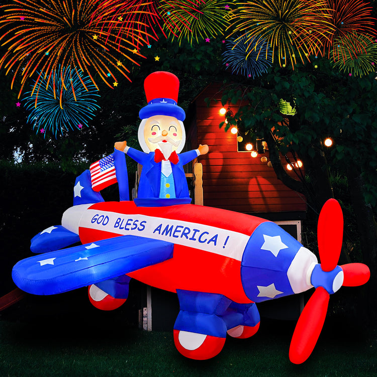 8FT Independence Day Inflatable Uncle Sam Flying Airplane & Airplane Propellers Spin Decoration Patriotic 4th of July for Home Yard Lawn Garden Indoor Outdoor Decoration