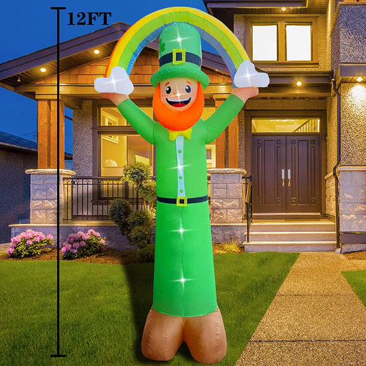 12 Ft LED Light Up Inflatable St. Patrick's Day Leprechaun Holding a Rainbow Decoration