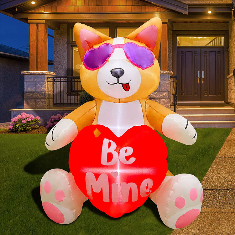 5 FT Inlflatable Valentine's Day Cute Corgi Dog with Heart Be Mine LED Light Up Decoration