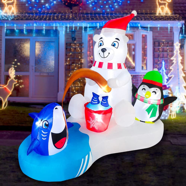 6ft Length Christmas Inflatable White Bear Penguin Fishing Decoration, LED Blow Up Lighted Decor