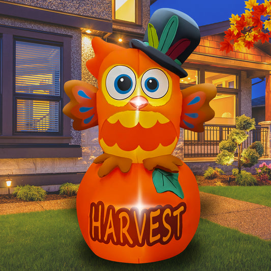 6FT Thanksgiving Inflatable Owl on Pumpkin，LED Light Up Blow Up Owl with Pilgrim Hat Decorations for Autumns Fall Thanksgiving Indoor Outdoor Lawn Holiday Decor