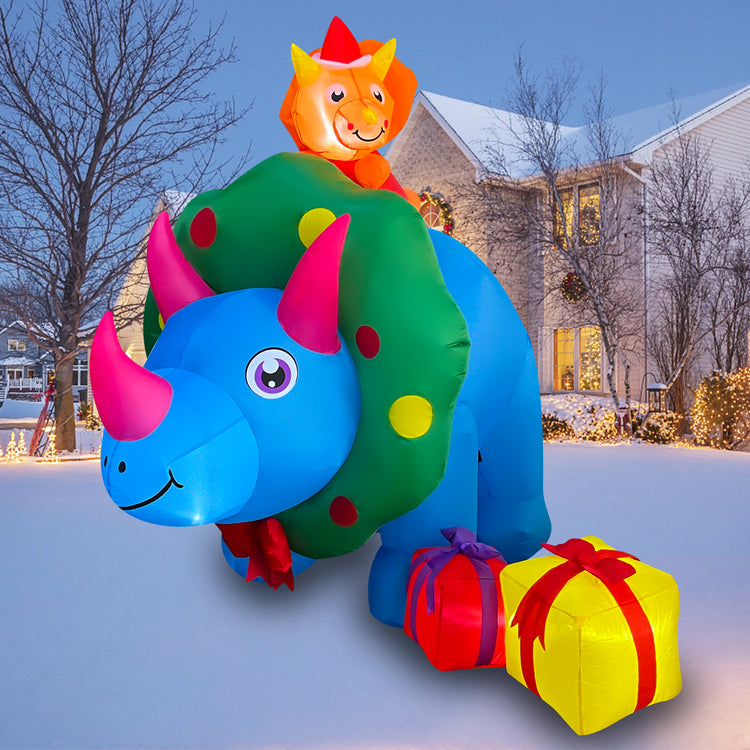 8FT Length Christmas Inflatables Triceratops Dinosaur with 2 Gift Wrapped Boxes Decoration LED Lighted Xmas Blow Up Rhino Family for Holiday Christmas Party Yard Garden
