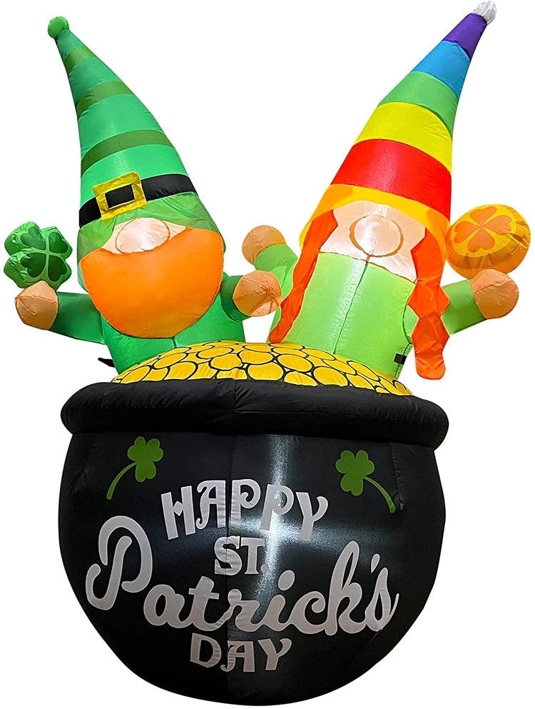 6 Ft LED Light Up Inflatable St. Patrick's Day Gnomes Couple with Shamrock Sitting in Gold Pot Decoration for Home Yard Lawn Garden Indoor Outdoor