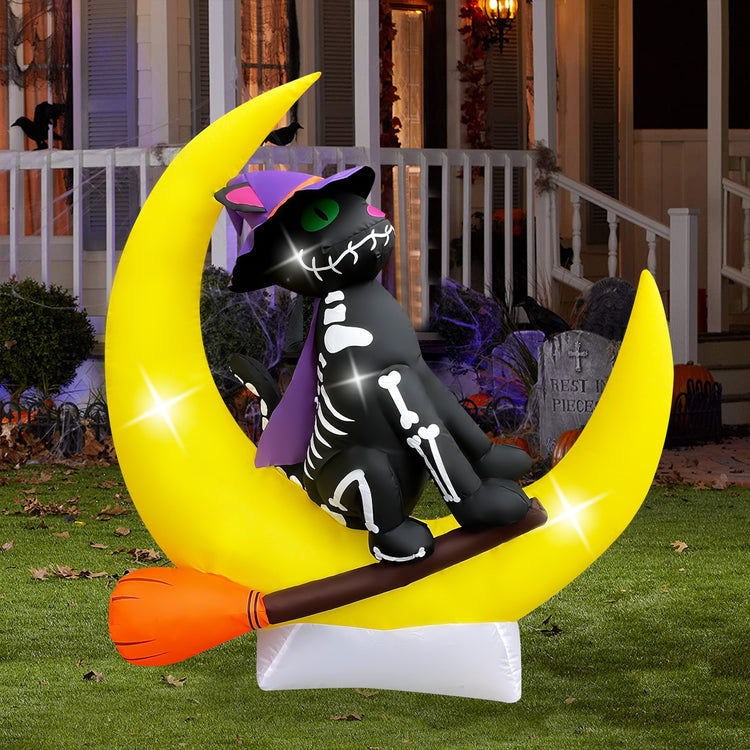 4 FT Halloween Inflatables Hanging Black Cat Sitting on The Moon Decoration, Blow Up Yard Decor with LED Lights Built-in for Party Indoor Outdoor Holiday Decorations