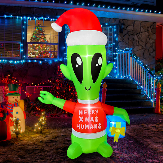 4 FT Christmas Inflatable Alien with Gift Box Decorations LED Lighted Xmas Blow Up for Party Indoor Outdoor Garden Yard Decor