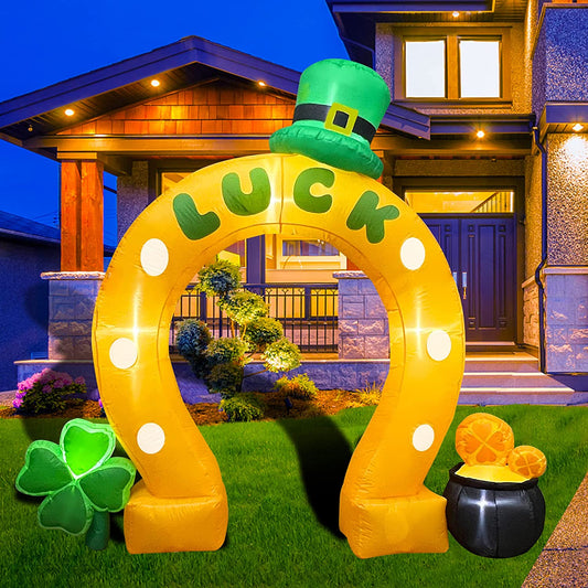 7 Ft LED Light Up Inflatable St. Patrick's Day Lucky Horseshoe Arch Archway with Shamrock and Gold Pot Decoration