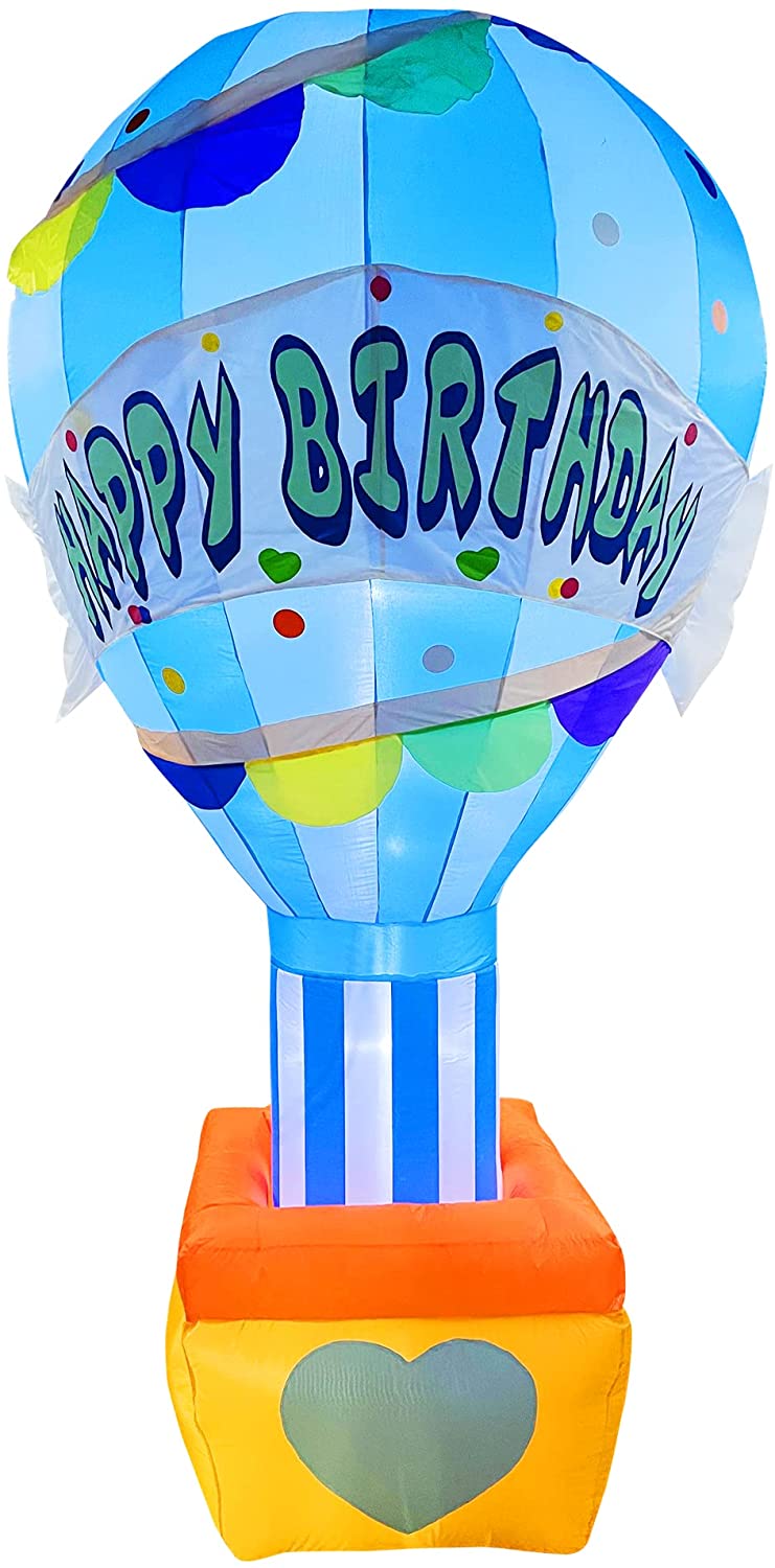 8 FT LED Light Up Inflatable Happy Birthday Blue Hot Air Balloon Decoration for Birthday Party Yard Lawn Display Home Celebration