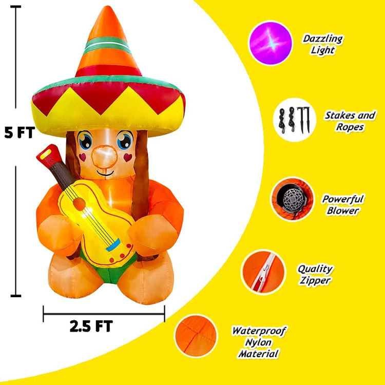 5 Ft Cinco De Mayo Day Inflatable Gnome with Taco Sombreros Guitar Decoration Blow up LED Lighted for Lawn Yard Garden Indoor Outdoor Home Holiday Party Decor