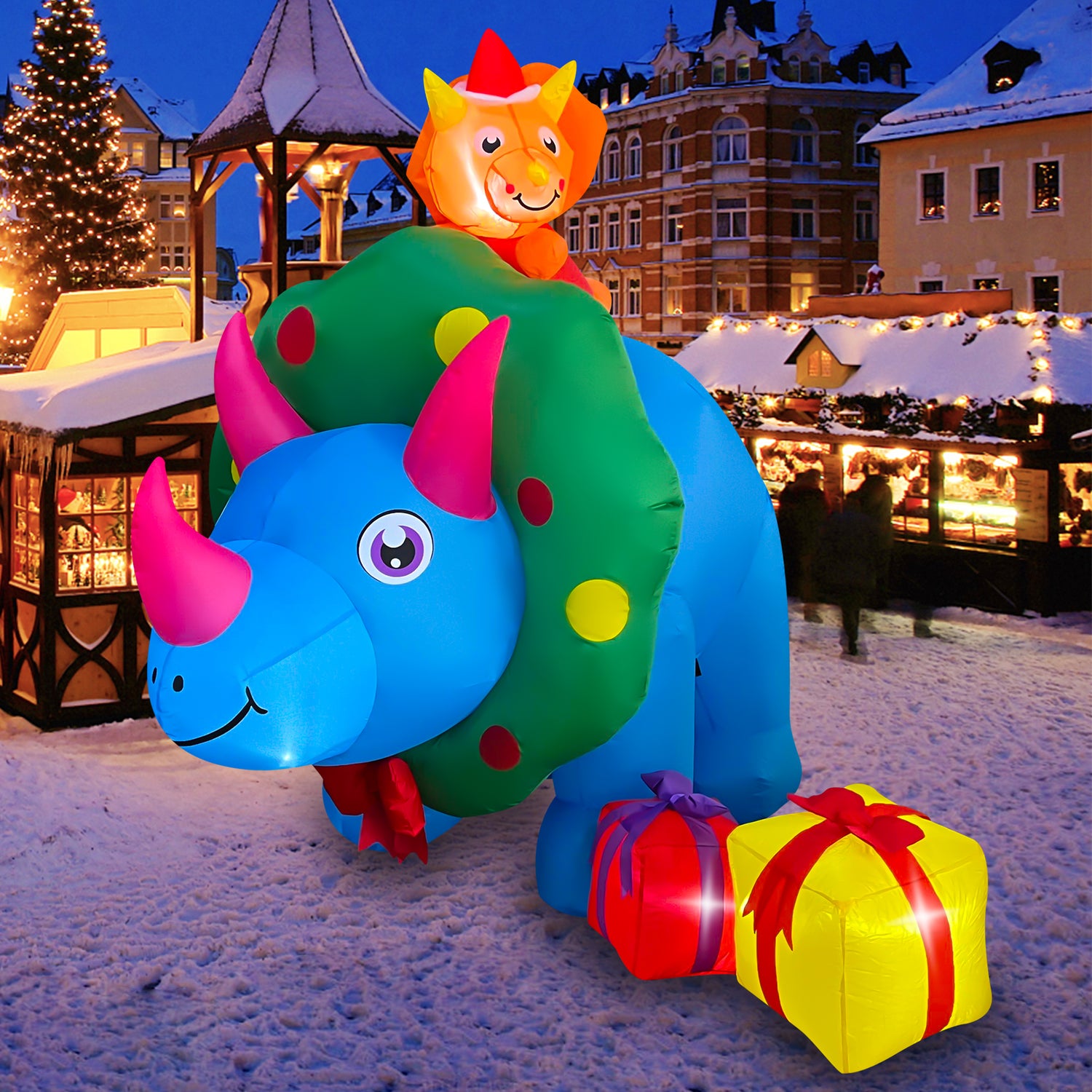 8FT Length Christmas Inflatables Triceratops Dinosaur with 2 Gift Wrap ...