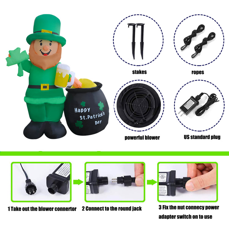 6Ft Seasonblow Inflatable St. Patrick holding beer bottle and purse.