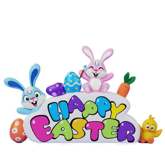 8FT Long Easter Inflatable Bunny Decorations Happy Easter Sign with Build-in LEDs Decor for Lawn Yard Garden Indoor Outdoor Home Holiday