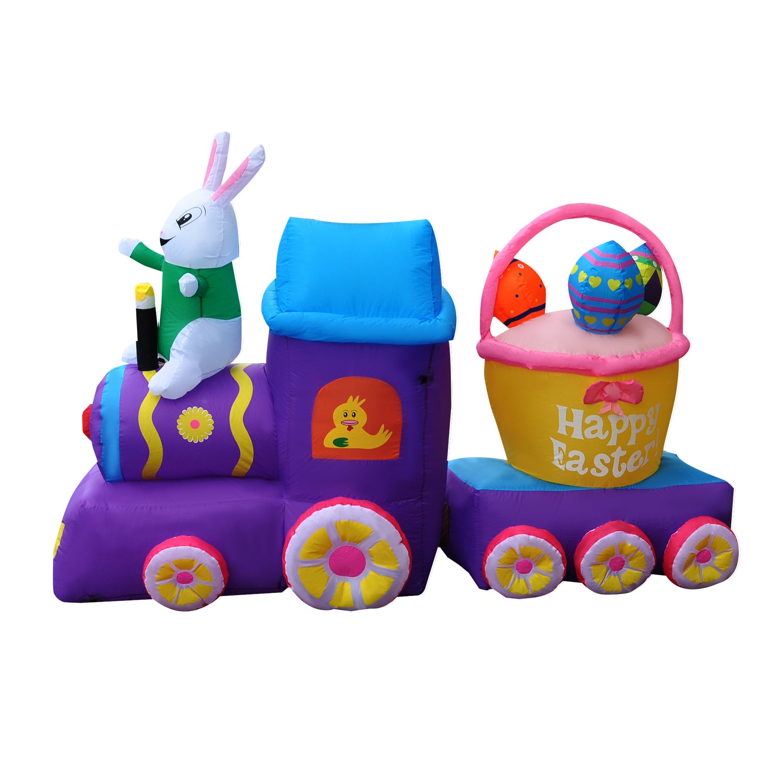 7FT SEASONBLOW Inflatable Easter Train with Bunny Basket Colorful Eggs Decorations.