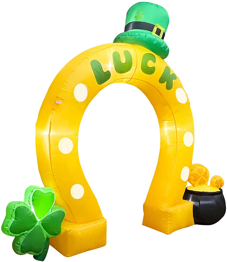 7 Ft LED Light Up Inflatable St. Patrick's Day Lucky Horseshoe Arch Archway with Shamrock and Gold Pot Decoration
