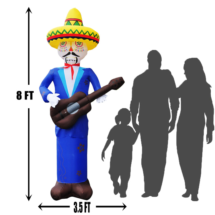 8 Ft SEASONBLOW Cinco De Mayo Day Mexican Inflatable Skull Man with Guitar LED Lighting Decoration.