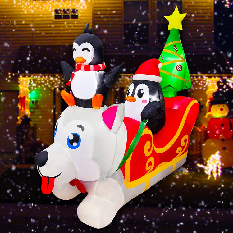 5 ft Inflatable Christmas Dog Sledding with Penguin and Christmas Tree for Garden Lawn Party Decor　
