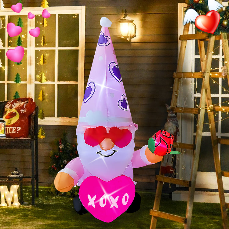 4 Ft Valentine's Day Inflatable Pink Gnome with Rose Light Up Decoration